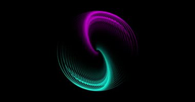 Gelecekçi döngü video animasyonu 3D küre tasarımı, mavi ve pembe neon parlayan daire siyah arkaplan üzerinde hareket ediyor