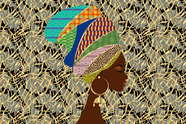 Portrait Belle Femme Africaine Dans Des Motifs Tribaux Turban Traditionnels — Image vectorielle