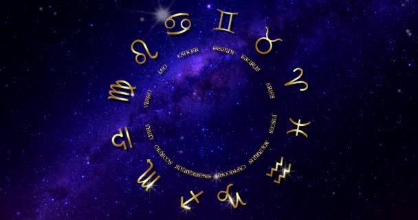 Zodiak Horoskop Objawy Astrologiczne Kręcącym Się Kole Złotych Luksusów Znak — Wideo stockowe