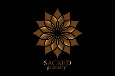 Kutsal antik geometrinin hayat çiçeği mandala. Vektör sembolleri ve elementler. Simya, din, felsefe, astroloji ve ruhani temalar. Siyah arkaplanda Altın Logo simgesi izole edildi