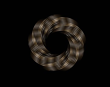Metalik Soyut Çiçek Girdabı, vektör geometrik daireler bronz logo dizaynı, siyah arkaplanda izole edilmiş. Dalga elementlerindeki teknoloji.
