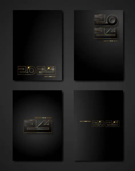 Set Schwarze Karten 2024 Neujahr Goldene Textur Goldener Luxus Dunkel Stockillustration