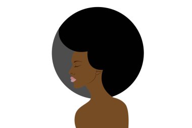Afro kıvırcık saçlı, siyah tenli kadın yüzü, etnik güzellik logosu tasarımı, saç stili konsepti, vektör izole edilmiş veya beyaz arkaplan 