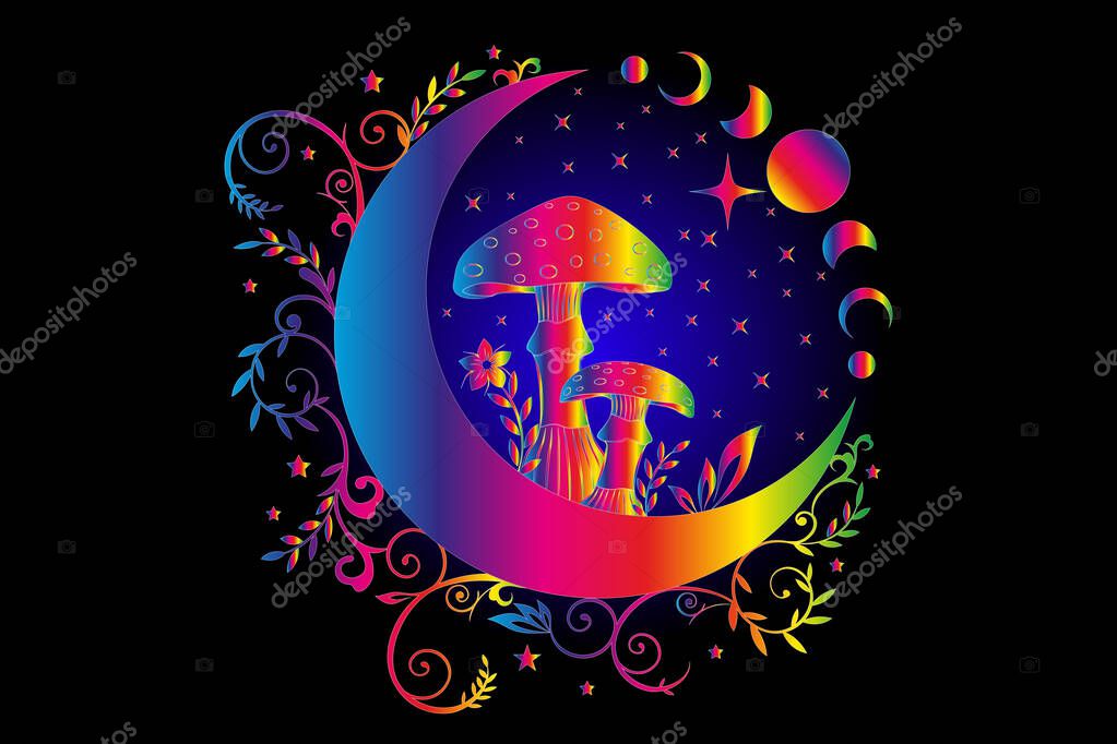Celestial Mystical boho mushrooms, magic Amanita Muscaria with moon and stars, witchcraft symbol, witchy esoteric Psychedelic concept. Party rave, trance music, Moon Phase, floral elements on black