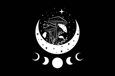 Şamanik sihirli mantarlar, ay evreleri ve yıldızlı mistik Amanita Muscaria. Büyücülük hilal ay sembolü, cadı esrarengiz mantar logosu dövmesi. Göksel Wiccan Clipart izole, siyah arkaplan