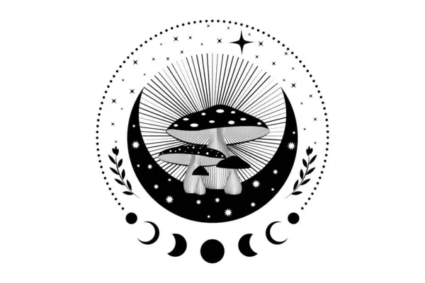 Chamánica Setas Mágicas Mística Amanita Muscaria Con Fases Lunares Estrellas Ilustración De Stock