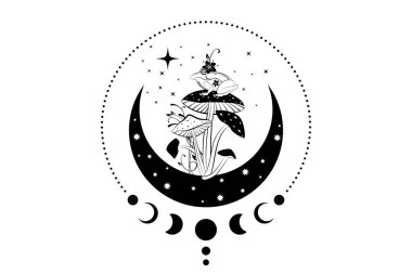 Spiritual sacred frog over magic mushroom in witchcraft crescent moon. Mystical celestial toad with moon phases and stars. Witchy esoteric fungus logo tattoo. wiccan clipart isolated on white