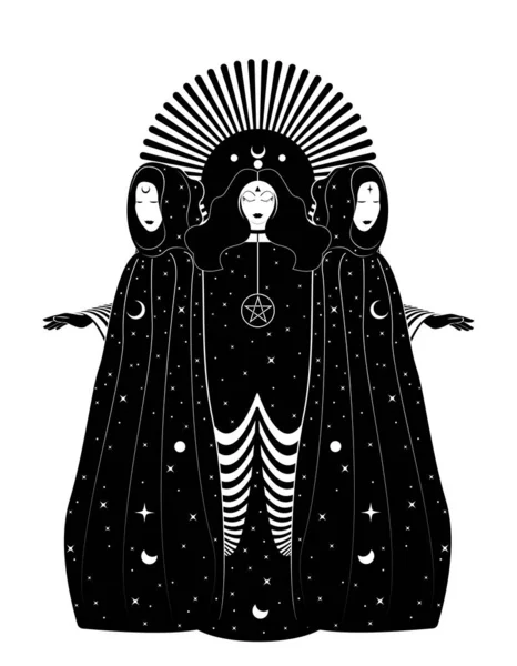 Mystische Dreifachgöttin Priesterinnen Magischen Mantel Schöne Feen Mit Himmlischem Langen Stockillustration