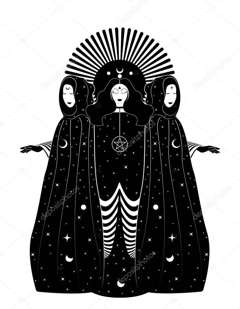 Mystical triple goddess, priestesses  in magical cloak. Beautiful fairy women with celestial long dress. Gothic Witch wiccan female sacred design. Vector isolated on white background art deco style