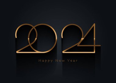 2024 Yeni Yıl Altın Logo Tasarımı. Tatil tebrik kartı. Vektör çizimi. Tebrik kartı, davetiye, takvim, parti için tatil tasarımı, siyah arkaplanda izole edilmiş altın bayram etiketi 