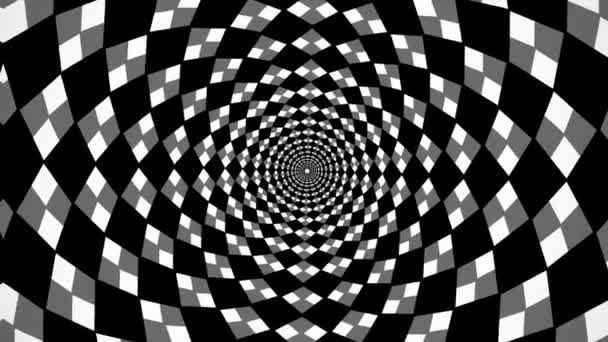 Kreisförmiges Tunnelrautenschach Schwarz Weiß Rotierend Schachbrett Animation Optische Täuschungsschleifenaufnahmen Wasserwelleeffekt — Stockvideo