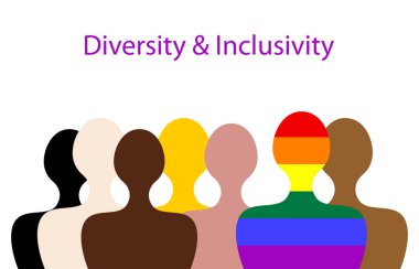Kapsama ve çeşitlilik. İnsanların siluetleri ve LGBTQ + set, web sitesi için gey gurur konsepti, renkli gökkuşağı işareti, beyaz arkaplanda izole vektör illüstrasyonu 