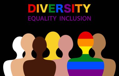 Kapsama ve çeşitlilik. İnsanların siluetleri ve LGBTQ + set, web sitesi için gey gurur kavramı, renkli gökkuşağı işareti, siyah arkaplanda izole vektör illüstrasyonu 