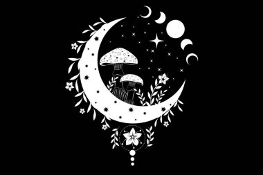 Mistik hilal şeklinde sihirli mantarlar göksel Amanita Muscaria ve Ay Evresi cadılık sembolü cadı esrarengiz beyaz logo dövmesi çiçek elementleri mantarı. Esrarengiz cadı grubu