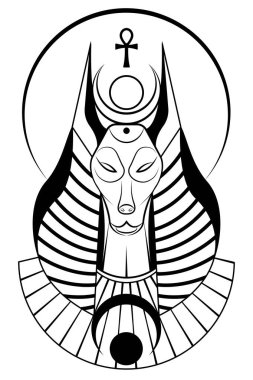 Antik Mısır tanrısı Anubis 'in portresi. Köpek kafalı bir tanrı. Ölüm logosu dövmesi. Beyaz arka planda izole edilmiş siyah-beyaz vektör illüstrasyonunda Eski Mısır Tanrısı