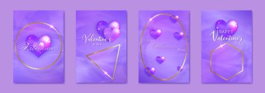 Sevgililer günün kutlu olsun. Lüks kağıt arka planda 3 boyutlu parlak mor cam kalpler. Altın geometrik çerçeveli, mücevherli bir tatil posteri. Sevgililer Günü afişi, el ilanı, parti davetiyesi, hediye