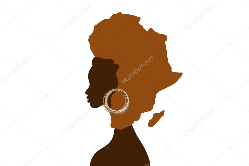 Concept of African woman, face profile silhouette with turban in the shape of a map of Africa. Afro tribal logo design template Vector illustration isolated on white background