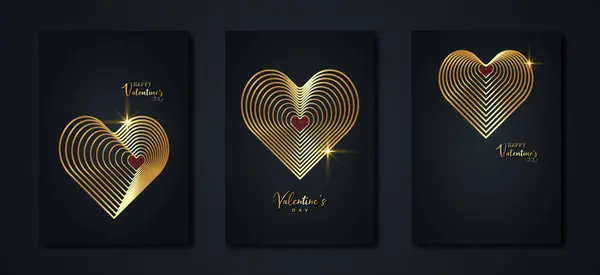 Happy Valentines Day Vektor Set Grußkarte Goldene Herzen Auf Schwarzem Stockillustration