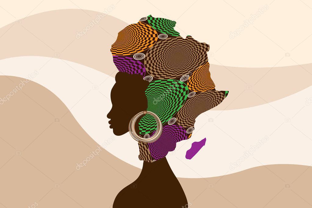 Concept of African woman, face profile silhouette with ethnic fabric turban in the shape of a map of Africa. Beauty Afro tribal logo design template Vector illustration isolated on wavy background