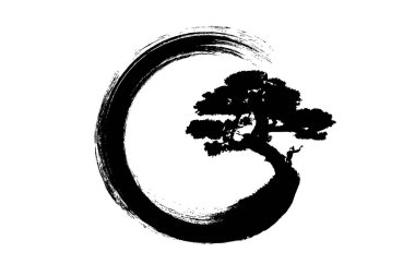 Enso Zen Çemberi ve Bonsai Ağacı, geleneksel Japon stili sumi-e ile siyah mürekkeple çizilmiş, Vector logosu Boya Fırçası sanat tarzında, beyaz arka planda izole edilmiş. 