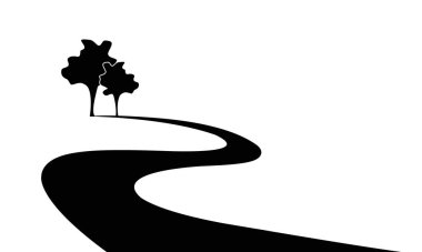 yol ve ağaçların logo tasarımı, kıvrımlı yol simgesi ve peyzaj işareti, beyaz arkaplanda izole edilmiş vektör sembolü ve metin alanınız için kopyalama alanı