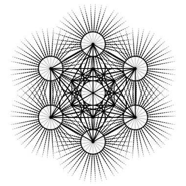 Metatron Küpü, Yaşam Çiçeği. Işık saçan güneş üzerindeki kutsal geometri, vektör elementinin izole edilmiş görüntüsü. Mistik simge platonik katılar, soyut geometrik çizimler, tipik ekin çemberleri