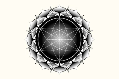 Kutsal Lotus Yantra Mandala, Hayatın Mistik Çiçeği. Kutsal geometri, vektör logosu grafik elementi izole edildi. Hayatın mistik ikonu, geometrik çizim işareti, beyaz arkaplanda ezoterik nilüfer çiçeği