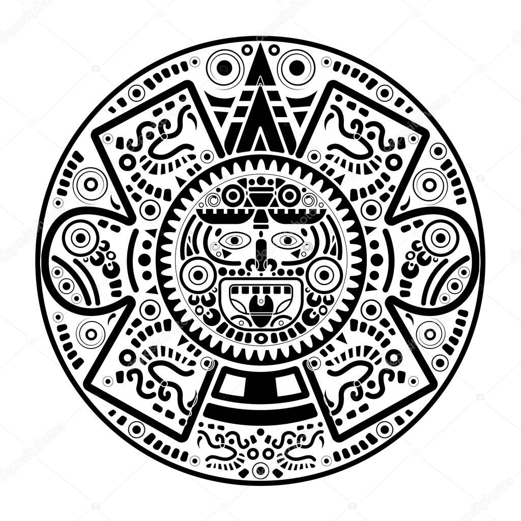 Sacred Aztec wheel calendar Mayan sun god, Maya symbols ethnic mask, black tattoo round frame border old logo icon vector illustration isolated on white background