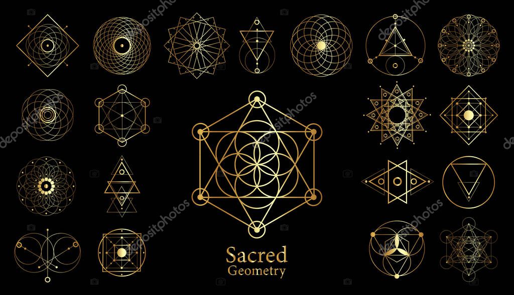 Gold Sacred geometry vector design elements. Alchemy, religion, philosophy, spirituality, luxury hipster symbols. Set collection, golden signs isolated on black background