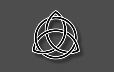 Triquetra geometrik logosu, Trinity Düğümü, Wiccan koruma sembolü. Siyah ve beyaz vektör Kelt düğümü gri arka planda izole edildi. Wicca kehanet sembolü, antik okült işareti