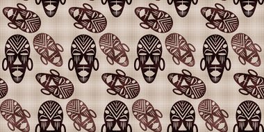 Kusursuz Afrika geçmişi, etnik kabile maskesi, ilkel vahşi ayin maskeleri. Klasik Afro Sanat tasarımı dokusu. Aztek Hint Maya geleneksel Meksika kültürünün kahverengi rengi