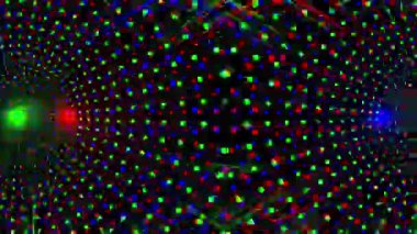 Renkli RGB polka noktalarında psikedelik dairesel tüneller dönüyor, flaş ışıkları 3d animasyon, optik ilüzyon döngüsü görüntüleri vj, dj, şablon, meditasyon, giriş ve çıkış videoları için soyut arkaplan