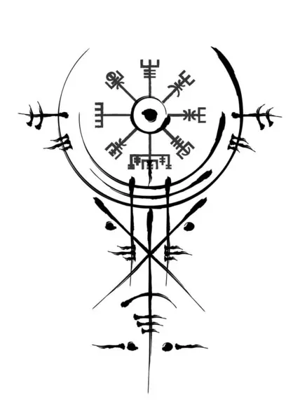 stock vector Hand drawn Vegvisir ancient navigation compass. Old Magic sign Celtic art deco. The Vikings used many symbols in accordance to Norse mythology, widely used in Viking society. Esoteric Wiccan Logo icon