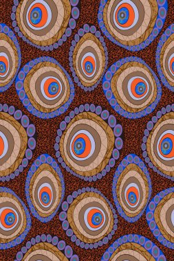 Kusursuz Afrika Balmumu Yazdırma Kumaşı, Etnik el yapımı süs, Afro Etnik çiçekler ve kabile motifleri geometrik daire elementleri. Vektör dokusu, Afrika Ankara Tekstil Moda Arkaplanı