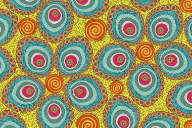 Afrika Balmumu Yazdırma Kumaşı, Etnik el yapımı süs, Afro Etnik çiçekler ve kabile motifleri geometrik daire elementleri. Vektör dokusu, Afrika Ankara Tekstil Moda Arkaplanı