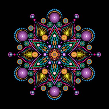 Rengarenk daire çerçeveli Hint çiçeği mandala sanatı Rangoli tasarımı, çiçek desenli dairesel desen. Dekorasyon için süs, ruhani dekor, şenlikler, parlak renkler. Siyah arkaplanda izole