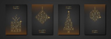 Modern minimalist geometrik stil, altın desen, altın lüks siyah arkaplan, takvim ve tebrik kartları için elementler ya da yeni yıl temalı kış tatili davetiyelerini ayarlayın 