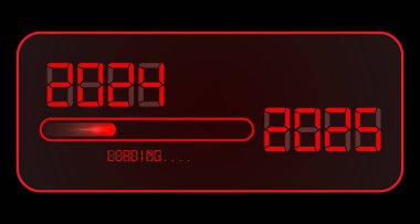 2025 Mutlu yıllar dijital saat. 2024 2025 'e yükleniyor. Kırmızı, neon ışıklı dijital zaman tarzı. İlerleme neredeyse yeni yıl arifesine ulaşıyor. Vektör illüstrasyonu, kırmızı ekran izole veya siyah arkaplan