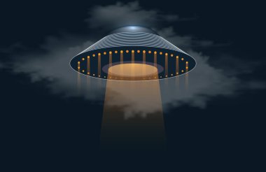 Uzaylı uzay gemisi gökyüzüne ışık yayıyor. Ufo Uap konsepti, Tanımlanamayan Uçan Nesne Gövdesi, Dünya dışı ziyaretçiler.