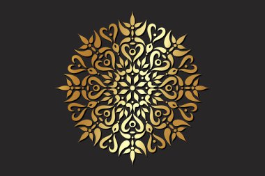 Altın Çiçek Sanat Mandala desenli dizayn, çiçekli dekoratif element. Duvar Kağıdı Boyası Kalıp Tasarımı Dokuları. Etnik doğu tarzında lüks daire süslemesi, siyah arkaplanda izole edilmiş vektör 