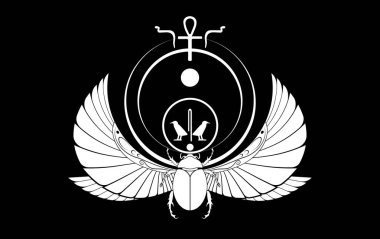 egyptian sacred Scarab wall art design. beetle with wings. Vector illustration white logo, personifying the god Khepri. Symbol of the ancient Egyptians. To be colored isolated on black background  clipart