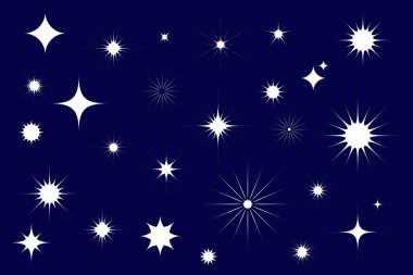 Yıldız simgeleri, parıldayan yıldızlar. Parıltı, parıltı. Koleksiyonu ayarla, yıldız mavisi arkaplanda izole edilmiş vektör beyaz sembolleri