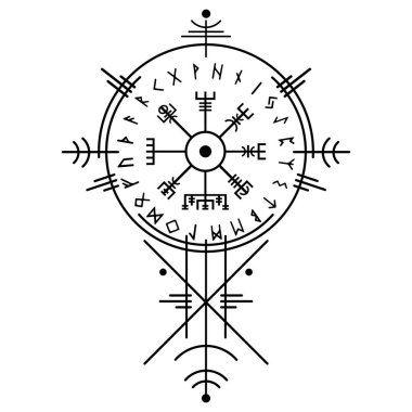Vegvisir sihirli seyrüsefer pusulası, antik Viking runik alfabesi, Viking toplumunda yaygın olarak kullanılan İskandinav mitolojisine uygun birçok sembol kullanmıştır. Vektör dövmesi, logo simgesi Wiccan ezoterik işareti