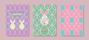 Set card of Happy Easter, Modern flat design pattern with eggs and bunnies, in pastel colors style. Festive springtime cover. Vector illustration on colorful background with copy space clipart