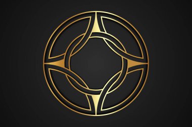 Altın düğümlü yuvarlak logo tasarımı, Kelt tarzı, daire şeklindeki iş simgesi şablonu, iç içe geçmiş işaret. Kutsal haç sembolü, siyah arka planda izole edilmiş altın lüks vektör. 