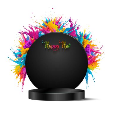 Mutlu Holi podyumları, Hint Renk Festivali. Canlı renklerin sıçraması. Renkli toz patlaması, ürün tasarımı için 3d blackpodium, beyaz arkaplanda izole edilmiş vektör illüstrasyonu