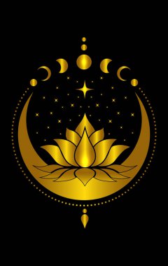 Mistik Hilal Ay ve Yıldızların Ay Evreleri logo tasarımlı kutsal nilüfer çiçeği. Yoga, spa, güzellik salonu, kozmetik ürünleri, rahatlama, marka tarzı. Siyah arkaplanda izole