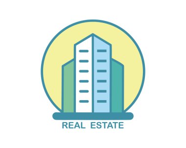 Emlak logosu, bina tasarımı el çizimi işaret konsepti şablonu, daire renkli düz tasarım beyaz arkaplan üzerinde izole 