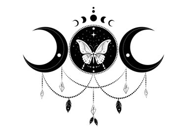 Üç Tanrıça mistik ay evreleri ve kutsal kelebek logosu tasarımı. Wiccan sembolü Boho tarzı. Yoga, spa, güzellik salonu, kozmetik, rahatlama, marka, dövme gibi sihirli göksel bir parça. Beyazda izole edilmiş