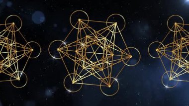 Video animasyon Metatron Küpü, Hayat Çiçeği. Parlak Altın Kutsal Geometri, ışık efektleri arka planı. Mistik altın ikon platonik katılar, soyut geometrik çizimler, ekin çemberleri, siyah yıldızlı galaksi